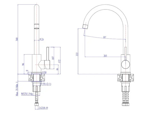 Desen tehnic al unui robinet de bucătărie cu dimensiuni