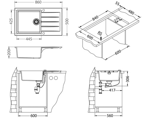Desen tehnic cu dimensiunile unei chiuvete de bucătărie