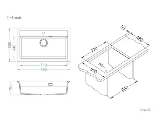 Desen tehnic al unei chiuvete încorporabile Atrox 40 cu dimensiuni