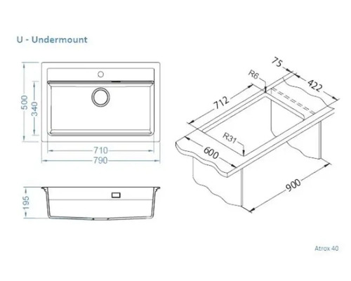 Desen cu chiuvetă sub blat cu dimensiuni