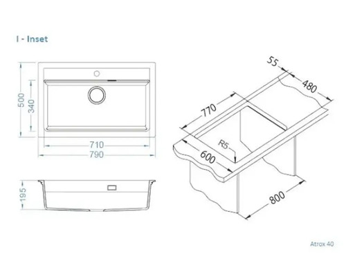 Desen tehnic al unei chiuvete Atrox 40 cu dimensiuni pentru instalare