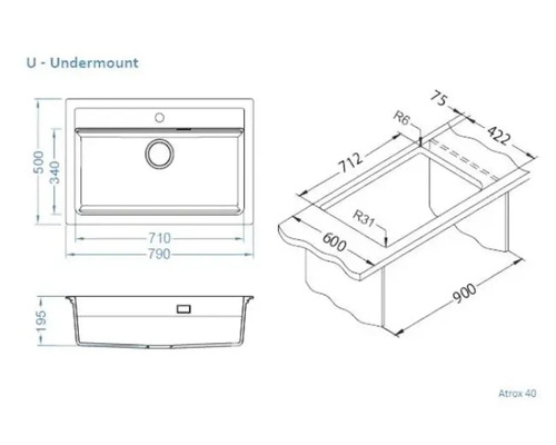 Desen tehnic al unei chiuvete sub montaj cu cote.