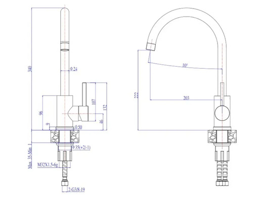 Desen tehnic al unui robinet de bucătărie cu dimensiuni