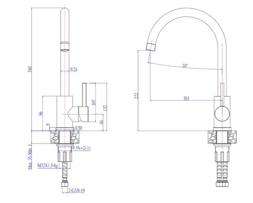 Desen tehnic al unui robinet cu dimensiuni