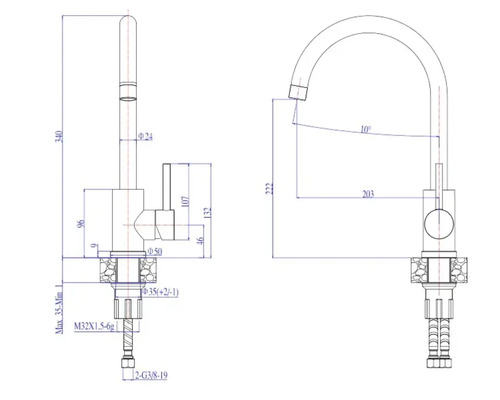 Desen tehnic al unei baterii de bucătărie cu dimensiuni indicate