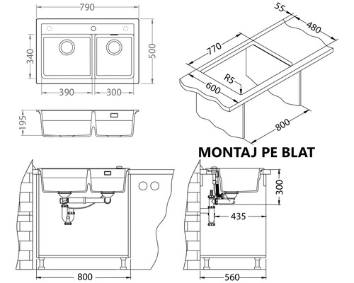Desen tehnic al unei chiuvete duble cu dimensiuni