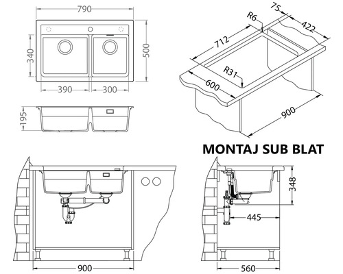 Desen tehnic al unei chiuvete duble cu dimensiuni pentru planificarea bucătăriei