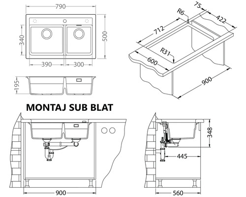 Desen tehnic cu chiuvetă cu două cuve și dimensiuni pentru instalare sub blat