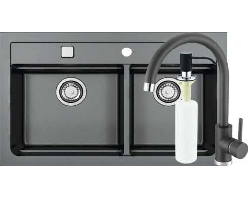Chiuvetă de bucătărie cu două cuve, robinet și dozator de săpun