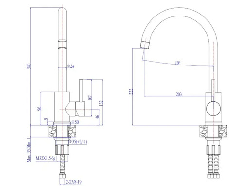 Desen tehnic al unui robinet de bucătărie cu dimensiuni.