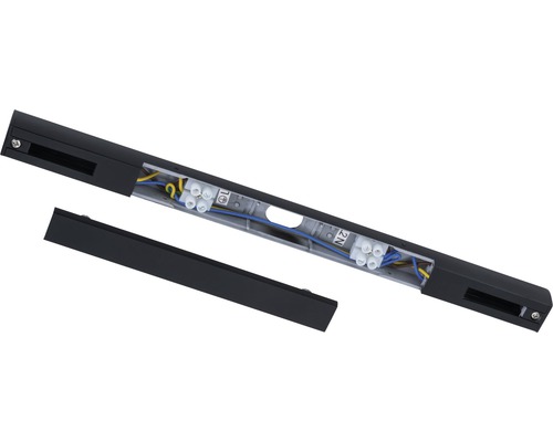 Șină de alimentare neagră cu carcasă deschisă pentru vizualizarea cablajului