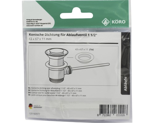 Garnitură conică pentru ventil de scurgere 1 1/2 inch, 43 x 67 x 11 milimetri