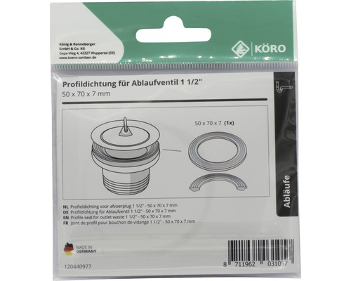 Garnitură profilată pentru ventil de scurgere, 1 1/2 țoli, 50x70x7 mm