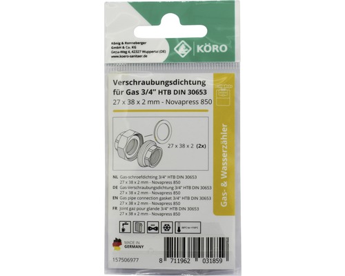 Garnitură fiting gaz 3/4 inch HTB DIN 30653, 27 x 38 x 2 milimetri, Novapress 850