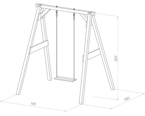 Desen al unui leagăn din lemn cu dimensiunile 207 x 181 x 160 cm.