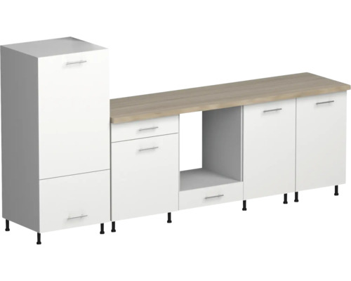 Set mobilier bucătărie Creta L 240 cm decor alb, blat stejar Set mobilier bucătărie Creta L 240 cm decor alb, blat stejar