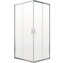 Cabină de duș pe colț cu uși din sticlă transparentă și cadru