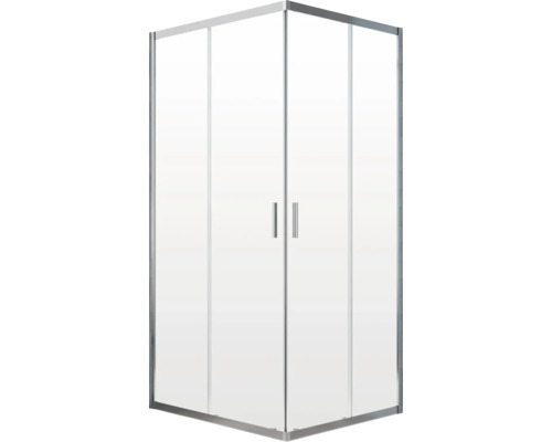 Cabină de duș pe colț cu uși din sticlă transparentă și cadru