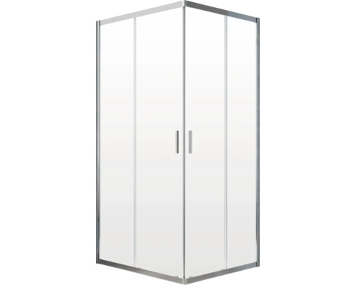 Cabină de duș pe colț cu panouri de sticlă transparentă și cadru metalic