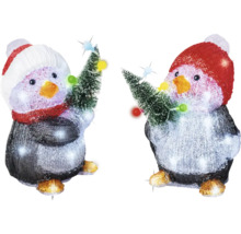 Două figurine de pinguini cu căciuli și pomi de Crăciun, decorație de Crăciun iluminată