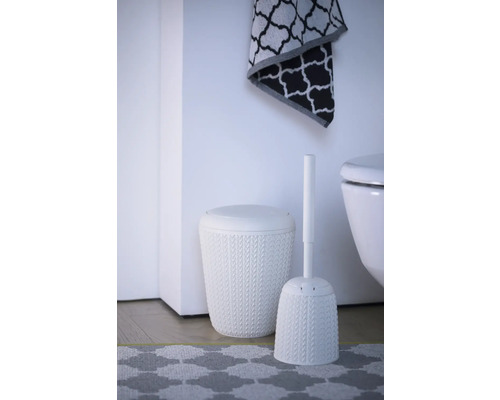 Scenă de baie cu coș de gunoi și perie de toaletă cu suport