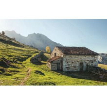 Casă de piatră într-o pajiște cu munți în fundal
