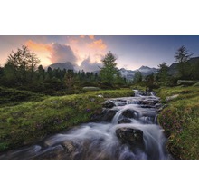 Pârâu de munte care curge printr-un peisaj verde cu copaci și munți în fundal