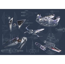 Ilustrație cu diverse nave spațiale Star Wars cu planuri în fundal.
