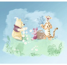 Ilustrație cu Winnie Ursuletul, Purceluș și Tigger culegând flori pe o pajiște cu coș de picnic