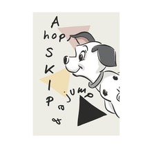 Ilustrație cu un cățeluș dalmațian cu forme geometrice și text