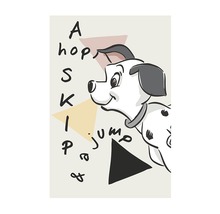 Ilustrație cu un dalmațian cu forme geometrice și text