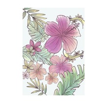 Ilustrație cu flori de hibiscus și frunze tropicale