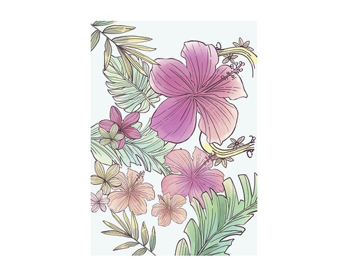 Ilustrație cu flori de hibiscus și frunze tropicale