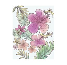 Ilustrație cu flori de hibiscus și frunze tropicale