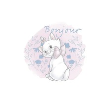 Ilustrație cu o pisică albă cu fundă și cuvântul Bonjour