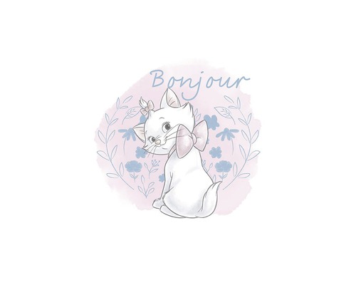 Ilustrație cu o pisică albă cu fundă și cuvântul Bonjour