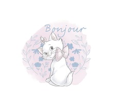Ilustrație cu o pisică cu fundă și inscripția Bonjour.