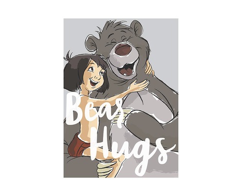 Ilustrație cu Mowgli și Baloo îmbrățișându-se, cu textul îmbrățișări de urs