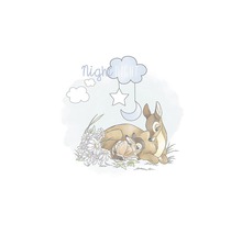 Ilustrație cu o căprioară cu un pui de căprioară lângă margarete și textul Noapte bună
