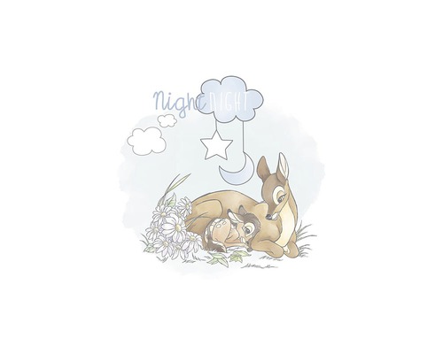 Ilustrație cu o mamă cerb cu puiul ei și inscripția Noapte bună