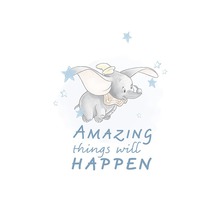 Ilustrație cu un elefant Dumbo zburător cu textul ''Amazing things will happen'' (Lucruri uimitoare se vor întâmpla).