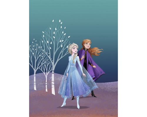 Ilustrație cu Anna și Elsa din Frozen pe fundal cu copaci