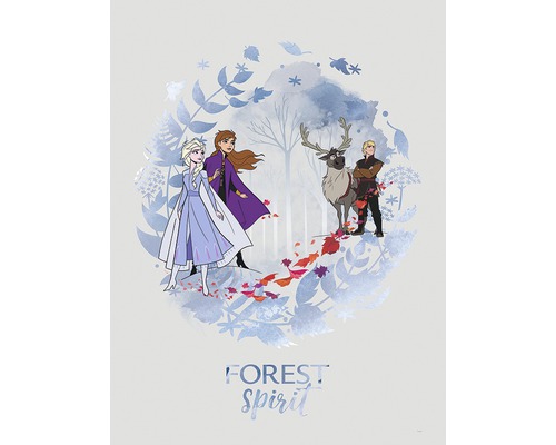 Ilustrație cu personajele din Frozen: Anna, Elsa, Kristoff și renul Sven în pădure.