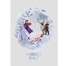 Ilustrație cu Anna, Elsa, Kristoff și renul Sven din filmul Regatul de gheață II, cu inscripția Spiritul pădurii