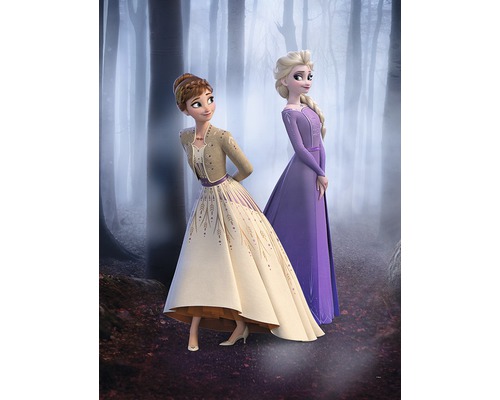 Imagine cu Anna și Elsa din filmul Regatul de gheață în fața unei păduri