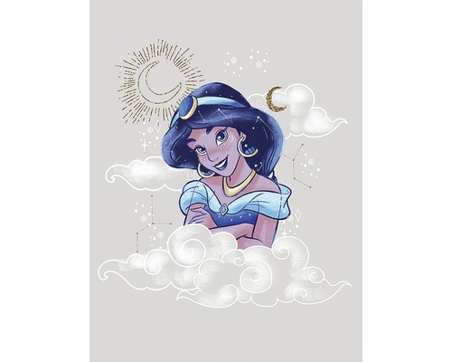 Ilustrație cu Jasmine din filmul Aladdin, înconjurată de nori și luni