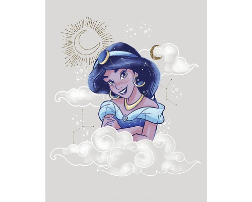Ilustrație a prințesei Jasmine, înconjurată de nori, semilune și constelații
