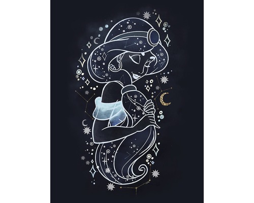Ilustrație cu prințesa Jasmine cu stele, luni și constelații