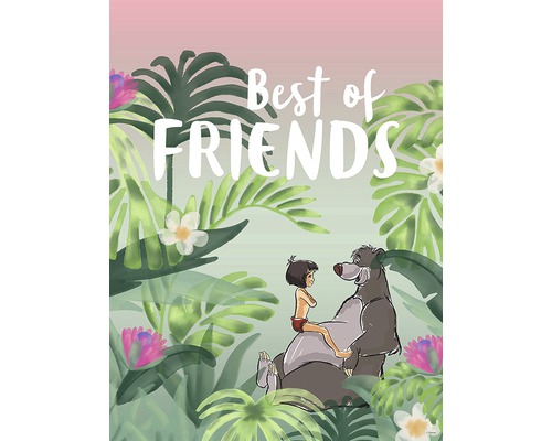 Ilustrație cu Mowgli, Baloo și textul Cei mai buni prieteni în junglă