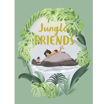 Ilustrație cu Mowgli întins pe Baloo în apă, înconjurat de plante din junglă și inscripția Prieteni din junglă.